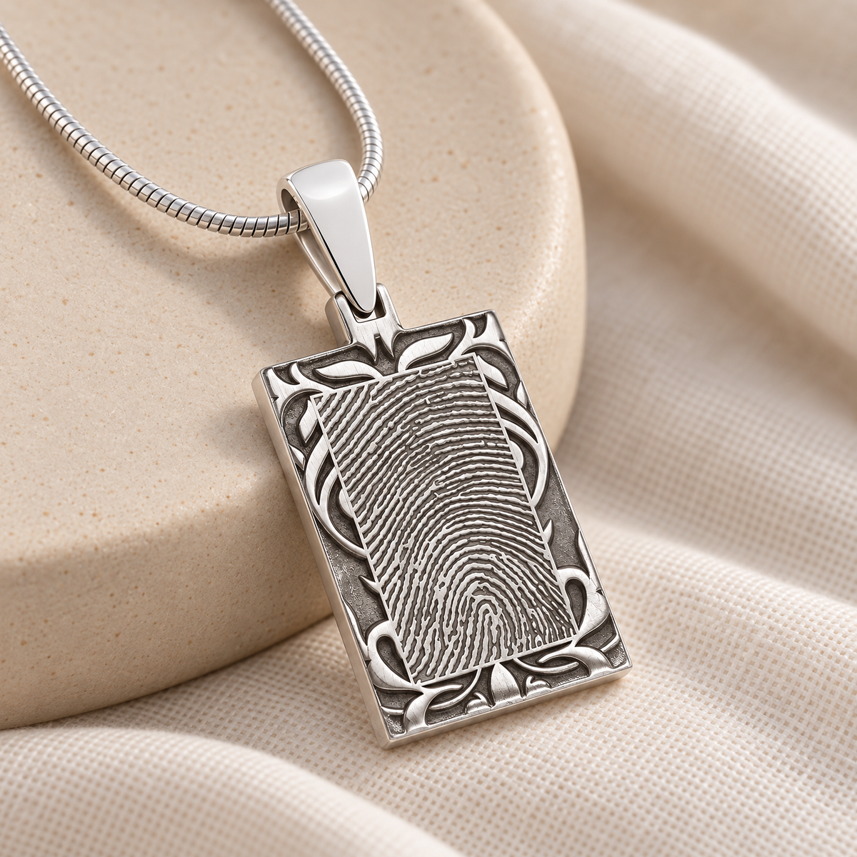 Carved Solid 14k White Gold Rectangle Fingerprint Necklace — alternate view — evr4821wg