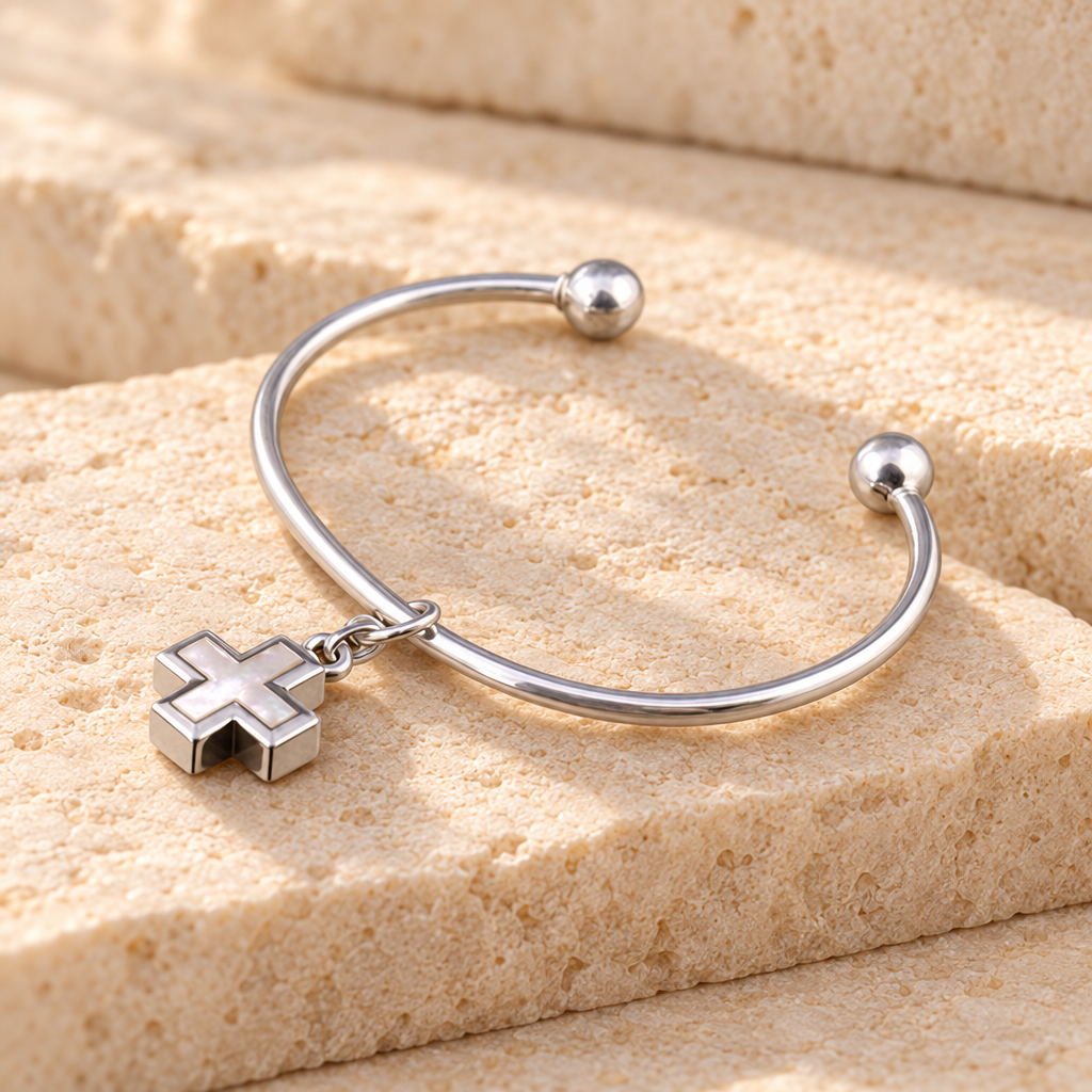 Sterling Silver Pearly Cross Cremation Bracelet — main — evr6023ss