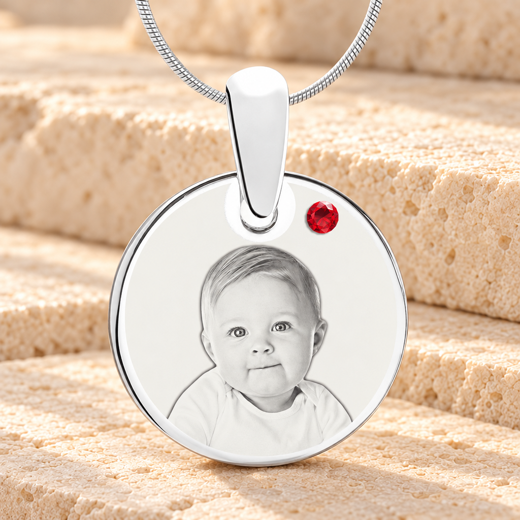 Birthstone Round July Photo Engraved Stainless Keepsake — main product image