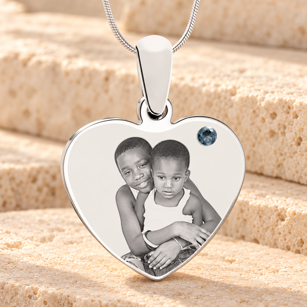December Birthstone Heart Photo Engraved Stainless Keepsake — main product image