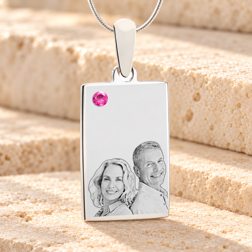 Birthstone Rectangle October Photo Engraved Stainless Keepsake — main product image