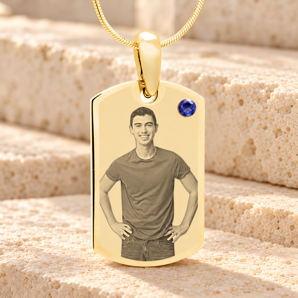Birthstone Small Dog Tag September Gold Plated over Stainless Steel Photo Pendant — main product image