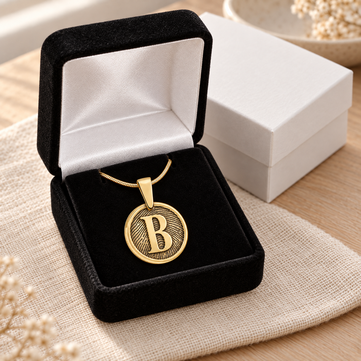 Gold Plated Monogram Round Fingerprint Necklace — gift box — evr4804g