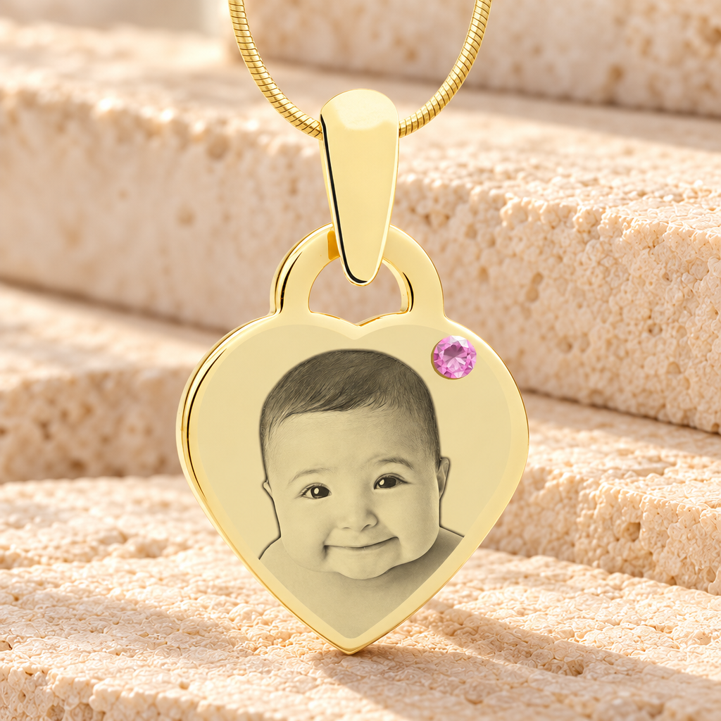 Birthstone Small Heart June Photo Engraved Gold Plated over Stainless Keepsake — main product image