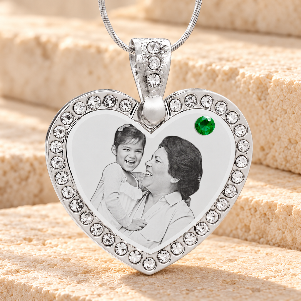Birthstone Gem Heart May Photo Engraved Stainless Keepsake — main product image