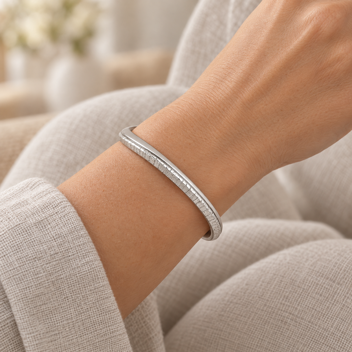Solid 14K White Gold Textured Cuff Forever Sealed Memorial Bracelet — lifestyle — evr20046wgfs