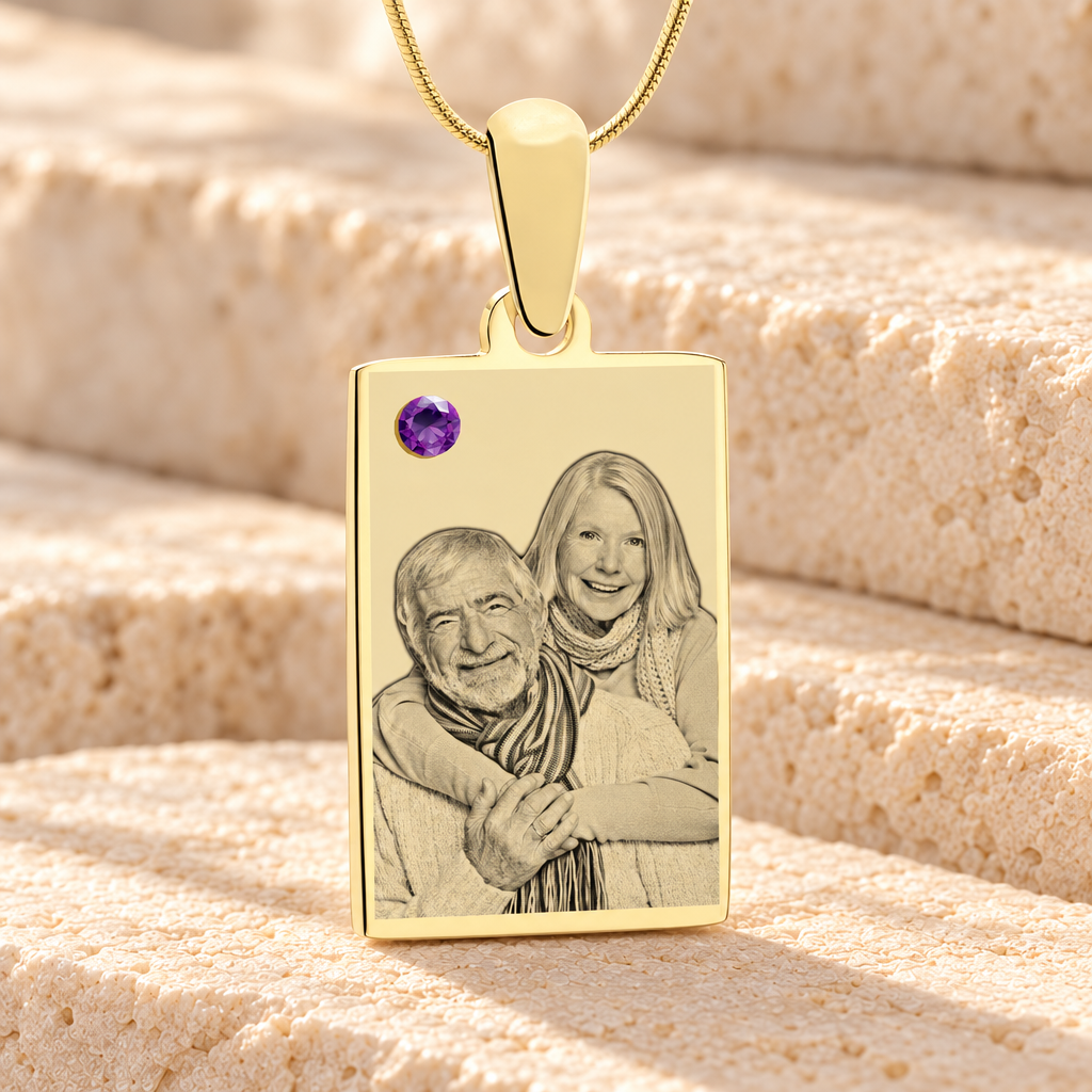 February Birthstone Rectangle Photo Engraved Gold Plated over Stainless Keepsake — main product image