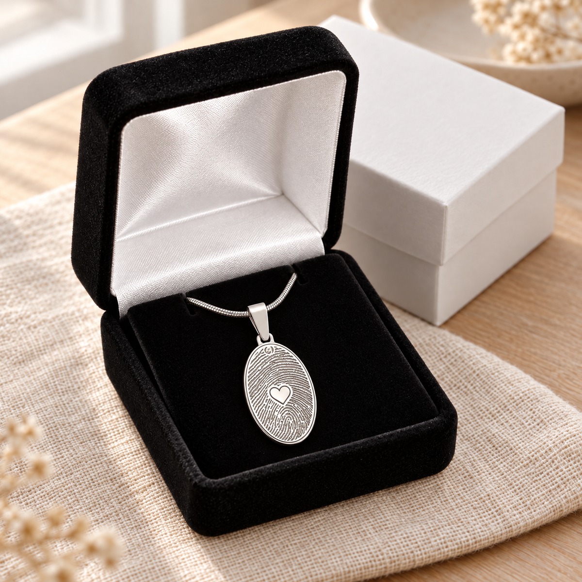 Solid 14k White Gold Loved Oval Fingerprint Necklace — gift box — evr4823wg