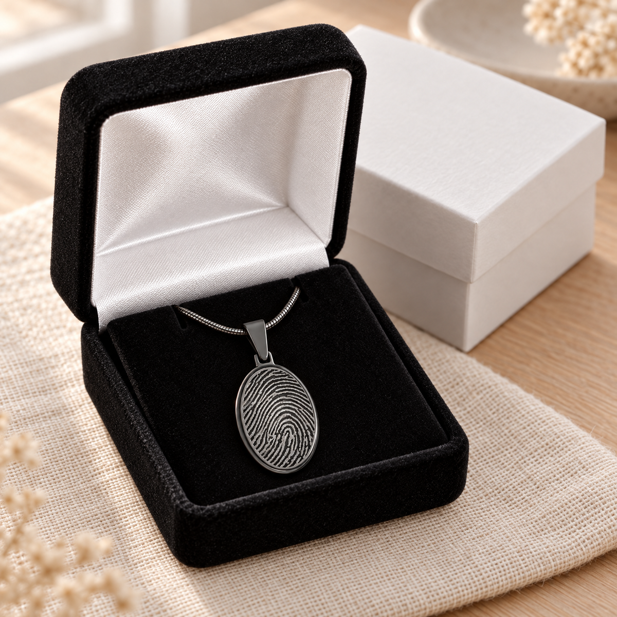 Oval Black Plated Fingerprint Necklace — gift box — evr4730bl