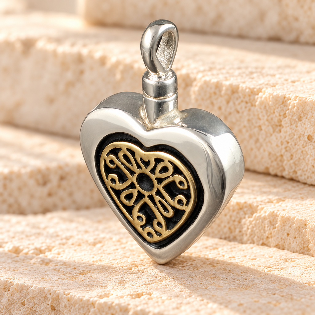 Sterling Silver Heart with 14K Gold Filigree Insert Urn Keepsake — main — evr106sg
