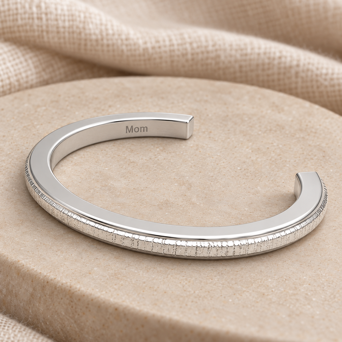 Sterling Silver Textured Cuff Forever Sealed Memorial Bracelet — rear engraving — evr20046ssfs