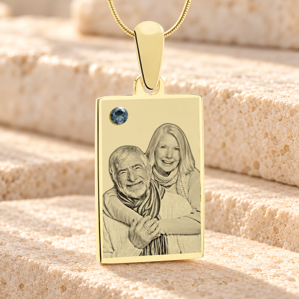 December Birthstone Rectangle Photo Engraved Gold Plated over Stainless Keepsake — main product image