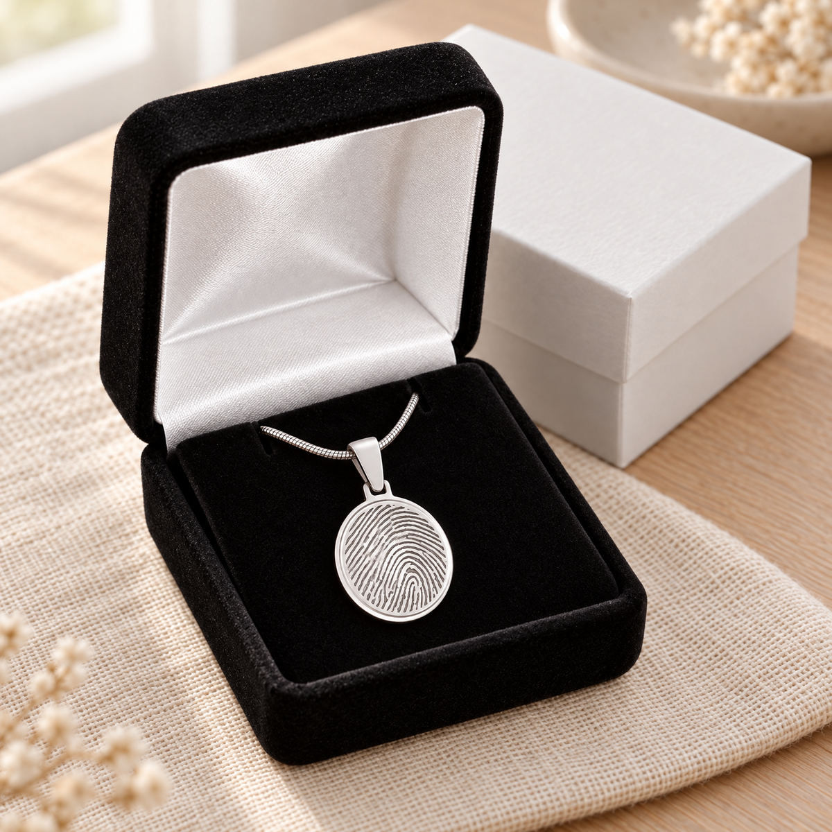 Solid 14k White Gold Round Fingerprint Necklace — gift box — evr4704wg