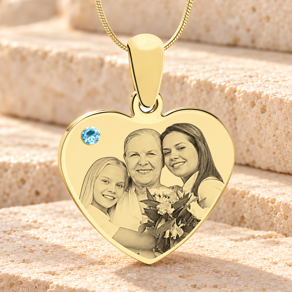 March Birthstone Heart Photo Engraved Gold Plated over Stainless Keepsake — main product image