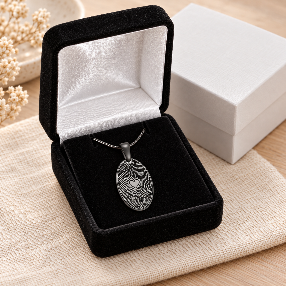 Black Plated Sterling Silver Loved Oval Fingerprint Necklace — gift box — evr4823b
