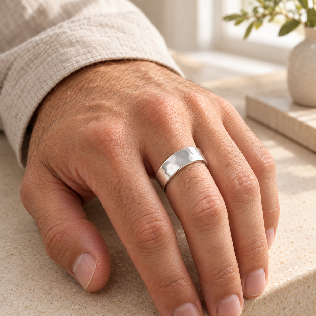 Sterling Silver Shaped Men's Band with Fingerprint Ring — lifestyle — evr30007s
