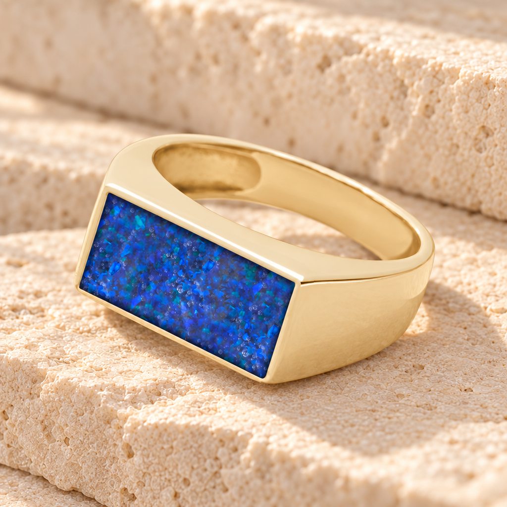 Solid 14K Gold Men's Drexel Ash Ring with Opal Blue Waters — main product image