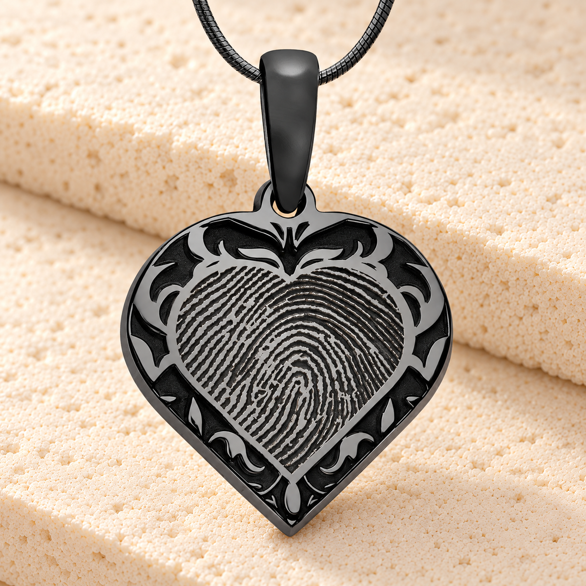 Black Plated Sterling Silver Carved Heart Fingerprint Necklace — main — evr4832b