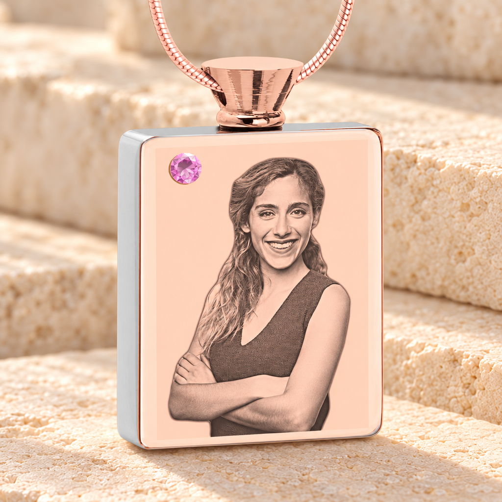 June Birthstone Rectangle Rose Gold Plated Photo Engraved Ash Pendant — main product image