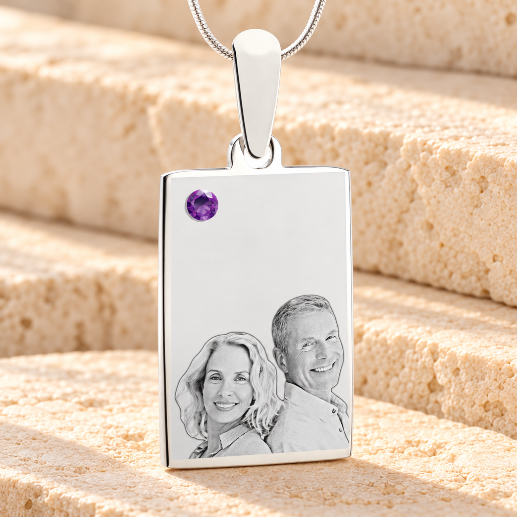 February Birthstone Rectangle Photo Engraved Stainless Keepsake — main product image