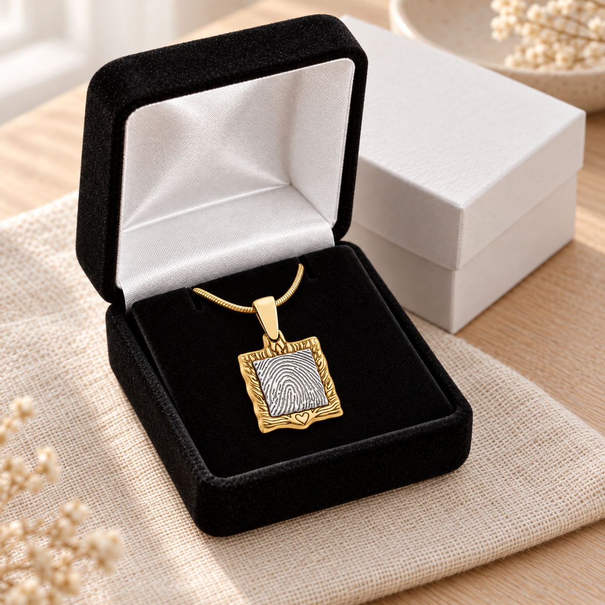 Squared Gold Frame Fingerprint Necklace — gift box — evr4734g