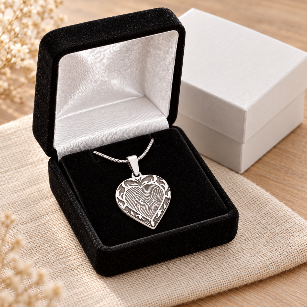 Solid 14k White Gold Carved Heart Fingerprint Necklace — gift box — evr4832wg