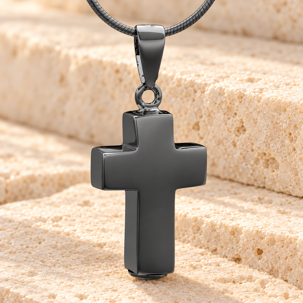 Black Faithful Cross  Cremation Jewelry — main — evr6452b