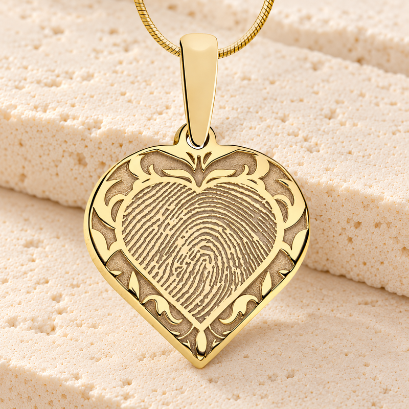 Solid 14k Gold Carved Heart Fingerprint Necklace