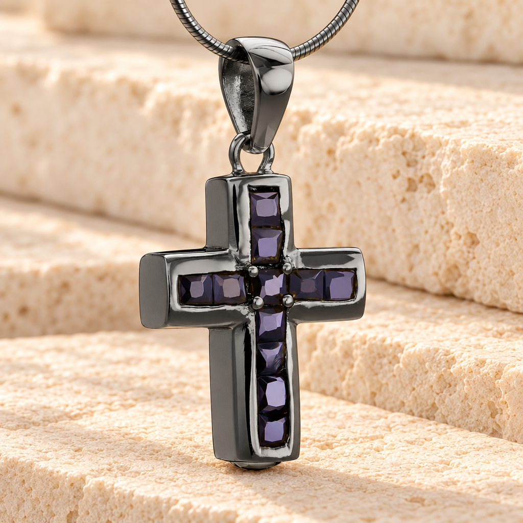 Black Stoic Cross Cremation Jewelry — main — evr6494b