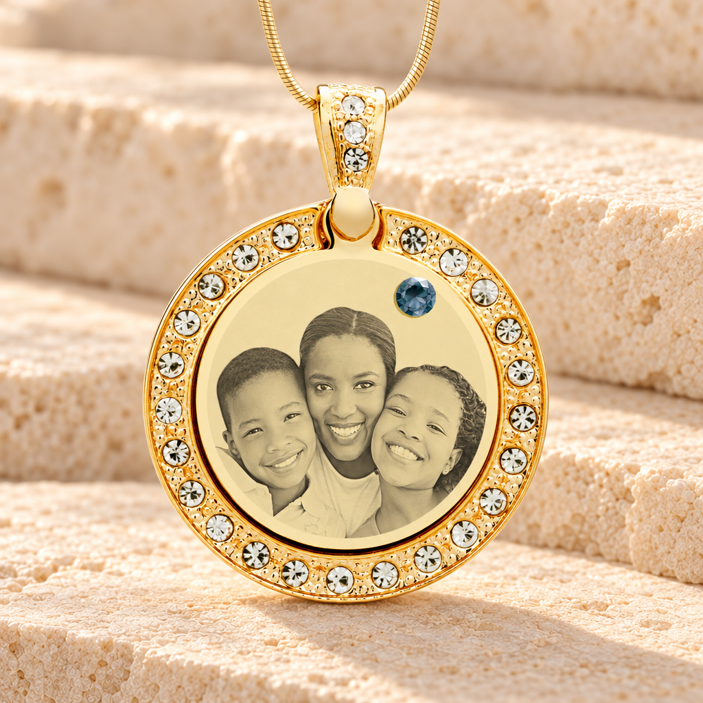 Birthstone Gem Circle December Photo Engraved Gold Plated over Stainless Keepsake — main product image