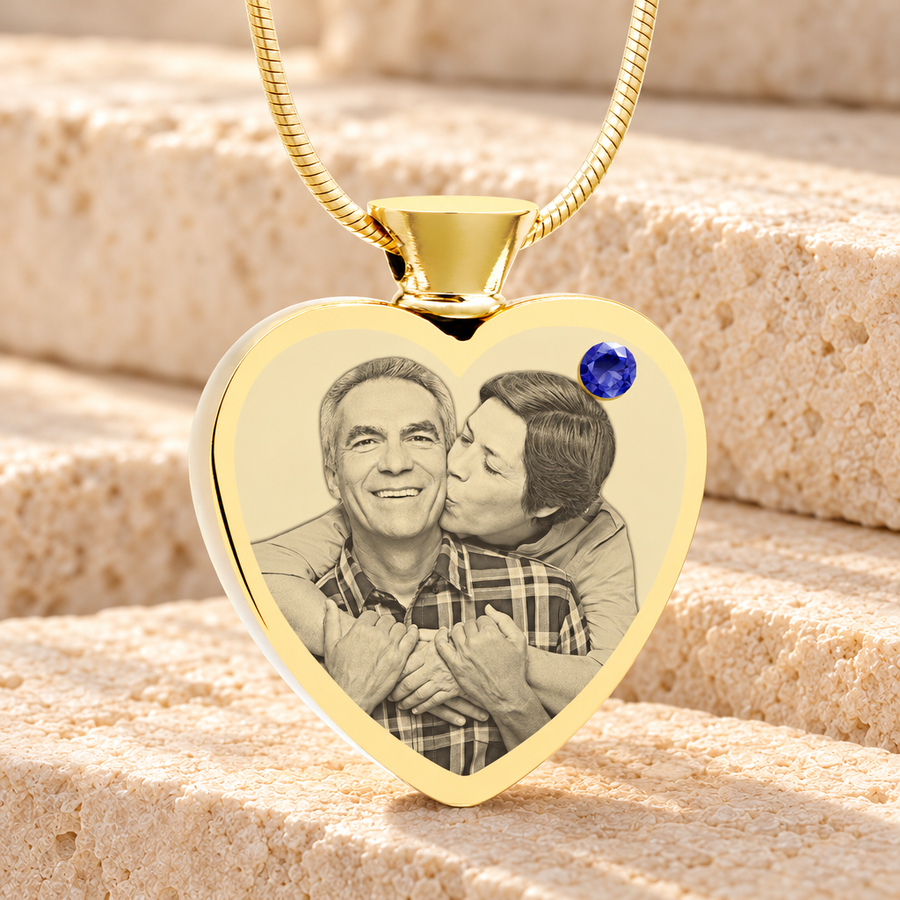 September Birthstone Heart Gold Plated Photo Engraved Ash Pendant
