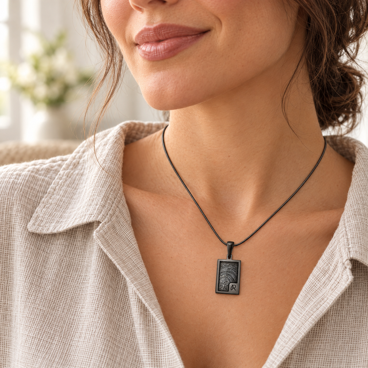 Black Plated Sterling Silver Simple Rectangle Fingerprint Necklace — lifestyle — evr4828b
