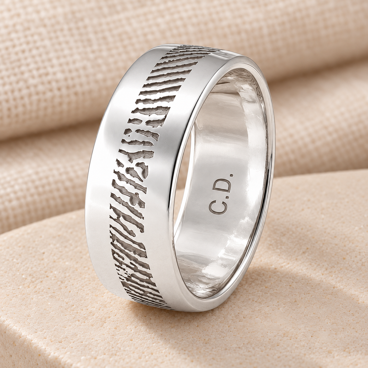 Men's Slender Line Sterling Silver Fingerprint Ring — rear engraving — evr30003s