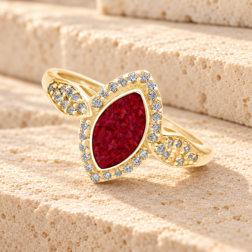 Solid 14K Gold Women's Sanctuary Ash Ring with Scarlet Pearl Opal — main product image