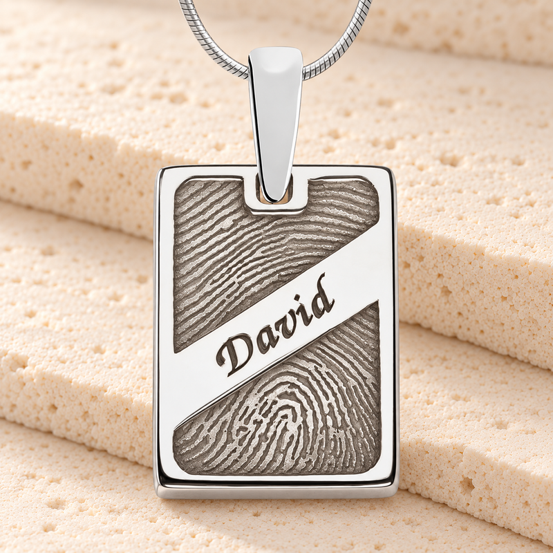 Solid 14k White Gold Memorial Rectangle Fingerprint Necklace
