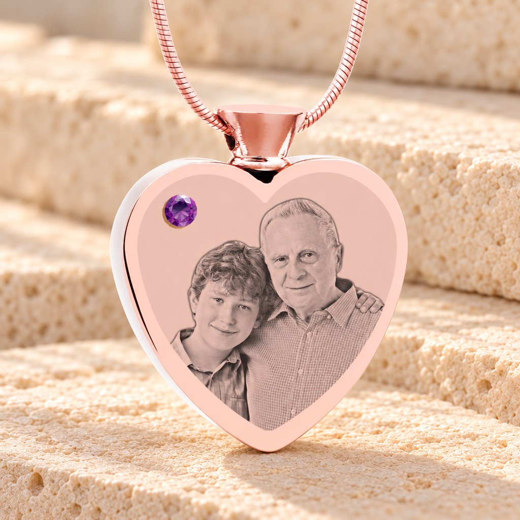 February Birthstone Heart Rose Gold Plated Picture Engraved Ash Pendant — main product image