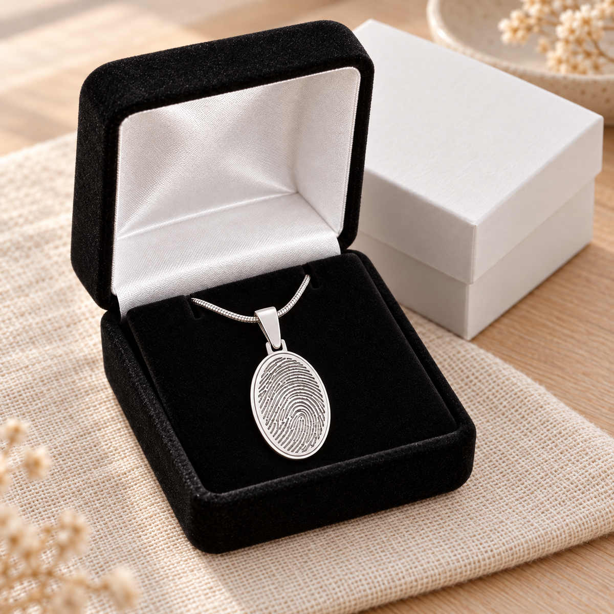 Solid 14k White Gold Oval Fingerprint Necklace — gift box — evr4730wg