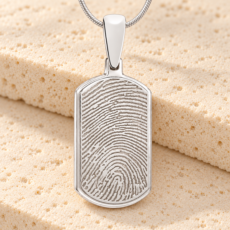 Solid 14k White Gold Dog Tag Fingerprint Necklace