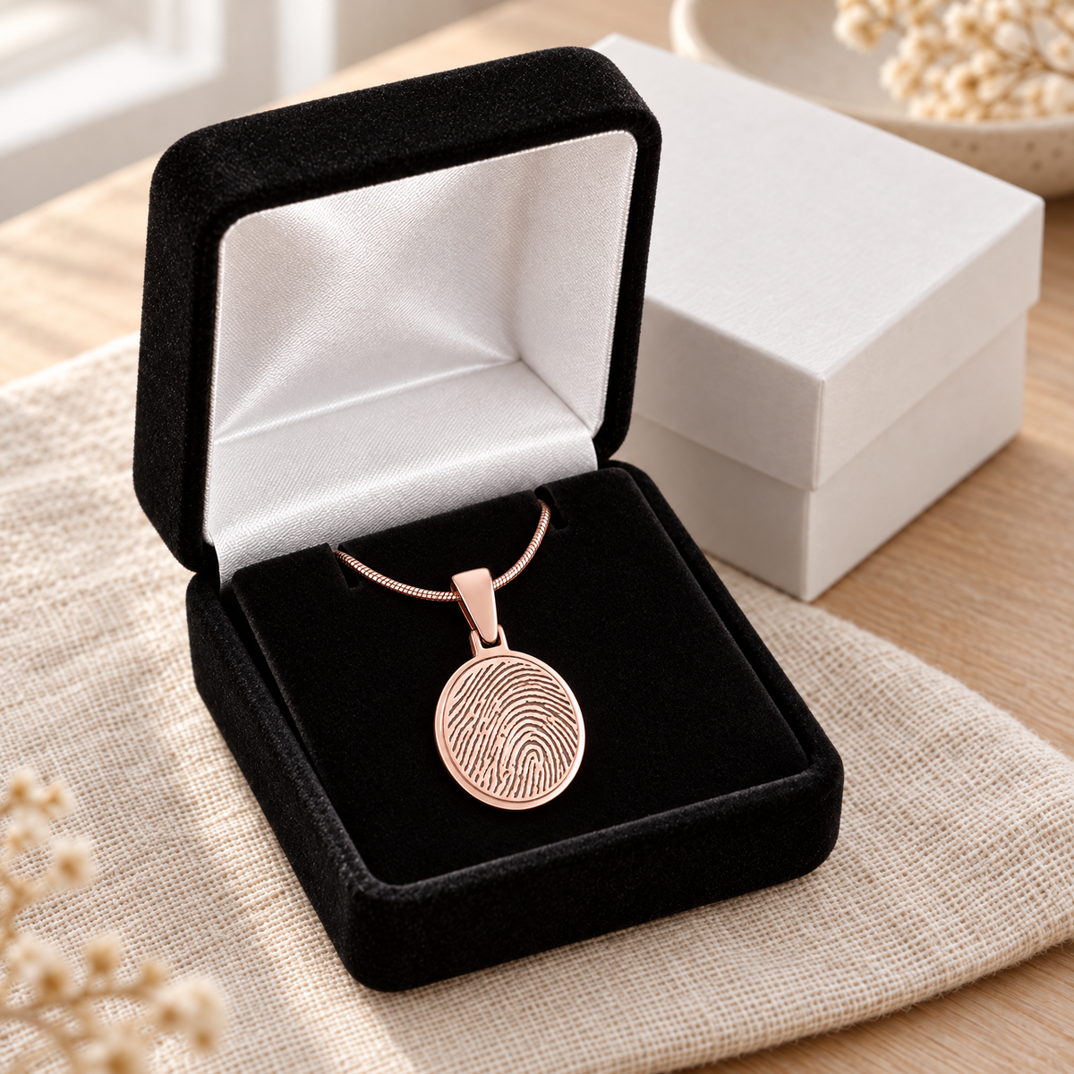 Rose Gold Plated Round Fingerprint Necklace — gift box — evr4704rg