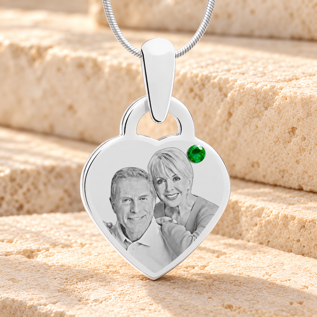 Birthstone Small Heart May Picture Engraved Stainless Keepsake — main product image