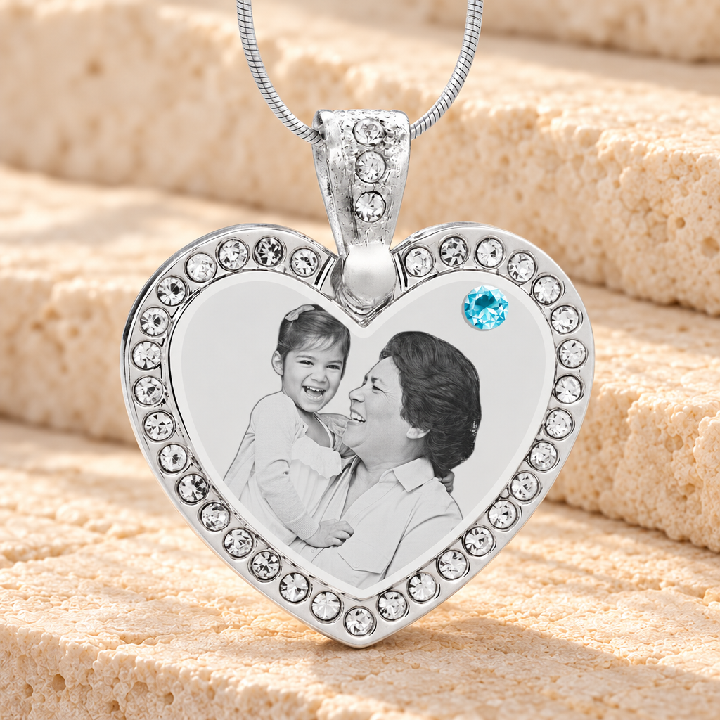 Birthstone Gem Heart March Photo Engraved Stainless Keepsake — main product image