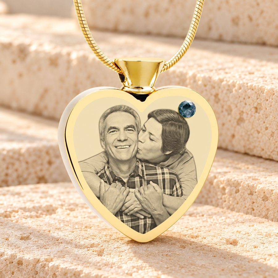 December Birthstone Heart Gold Plated Photo Engraved Ash Pendant