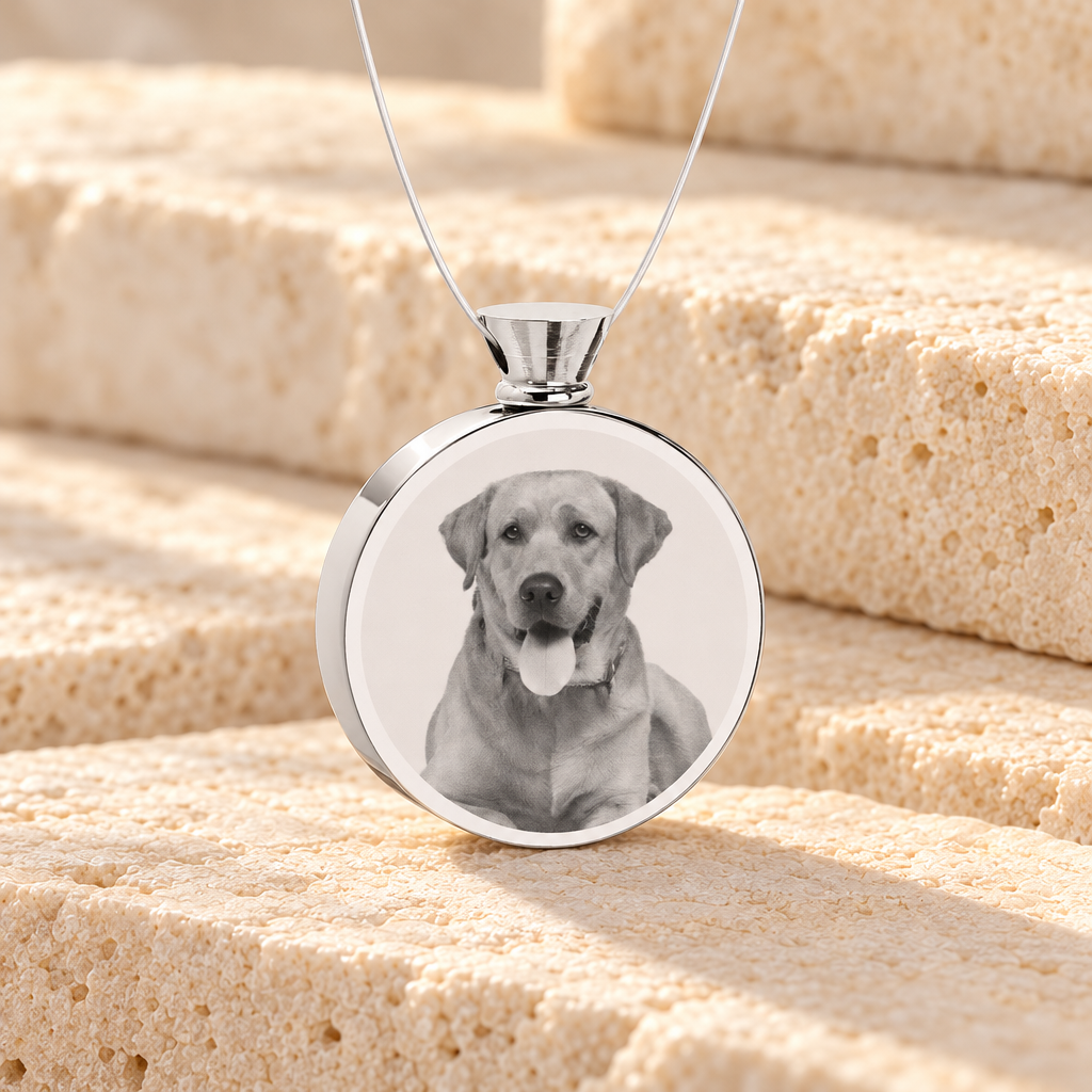 Round Stainless Steel Photo Engraved Pet Ash Guardian — main — evr7413ss