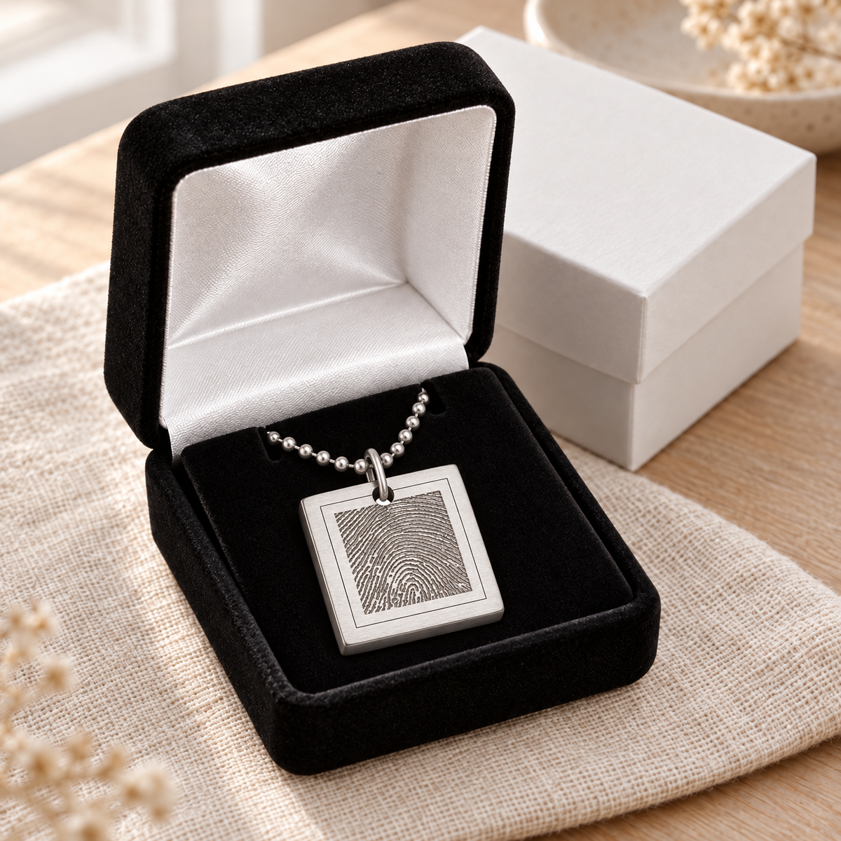 Thick Stainless Steel Brushed Square Fingerprint Necklace — gift box — evr4890fp