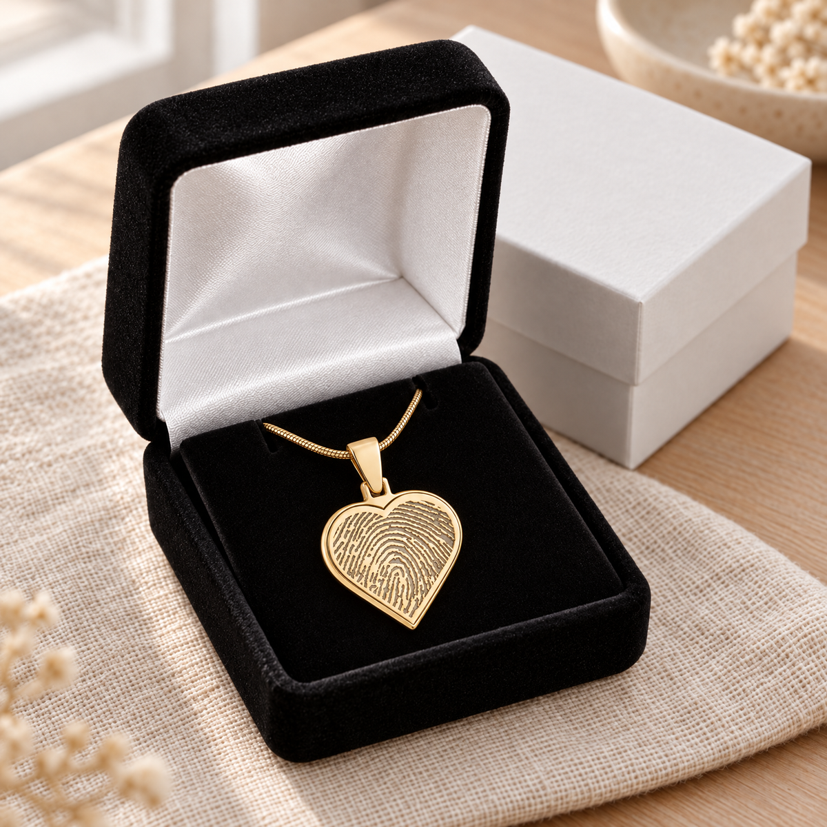 Solid 14k Gold Signature Heart Fingerprint Necklace — gift box — evr4728kghand