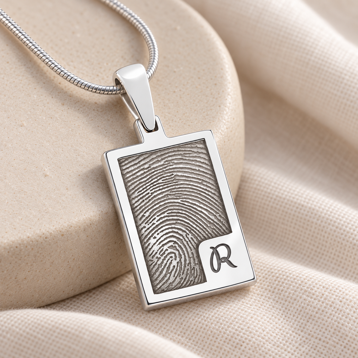 Sterling Silver Simple Rectangle Fingerprint Necklace — alternate view — evr4828s