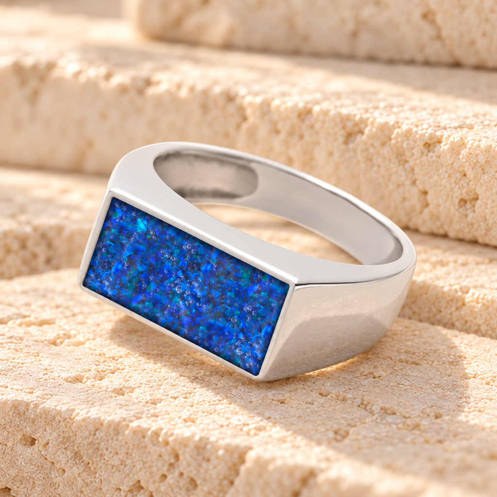 Men's Sterling Silver Drexel Ash Ring with Opal Blue Waters — main product image