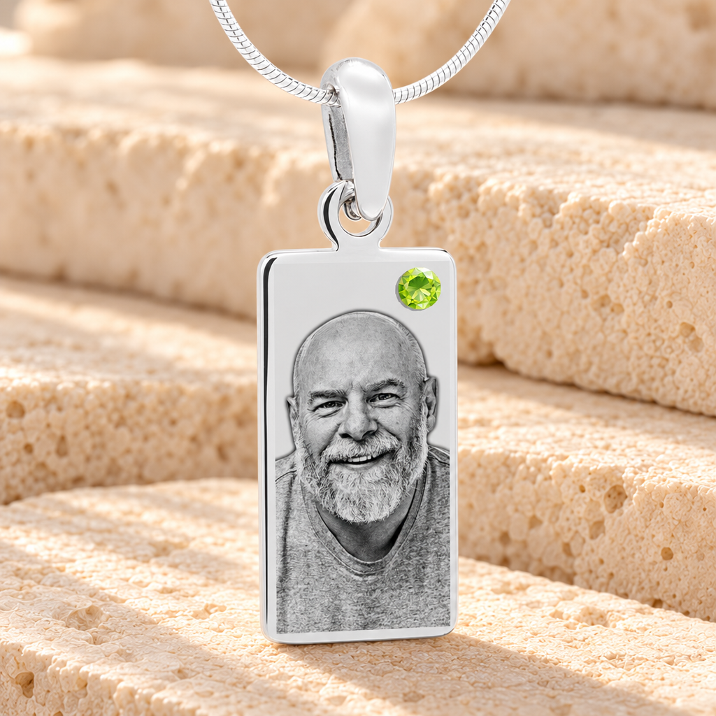 August Birthstone Stainless Steel Tower Photo Pendant — main product image