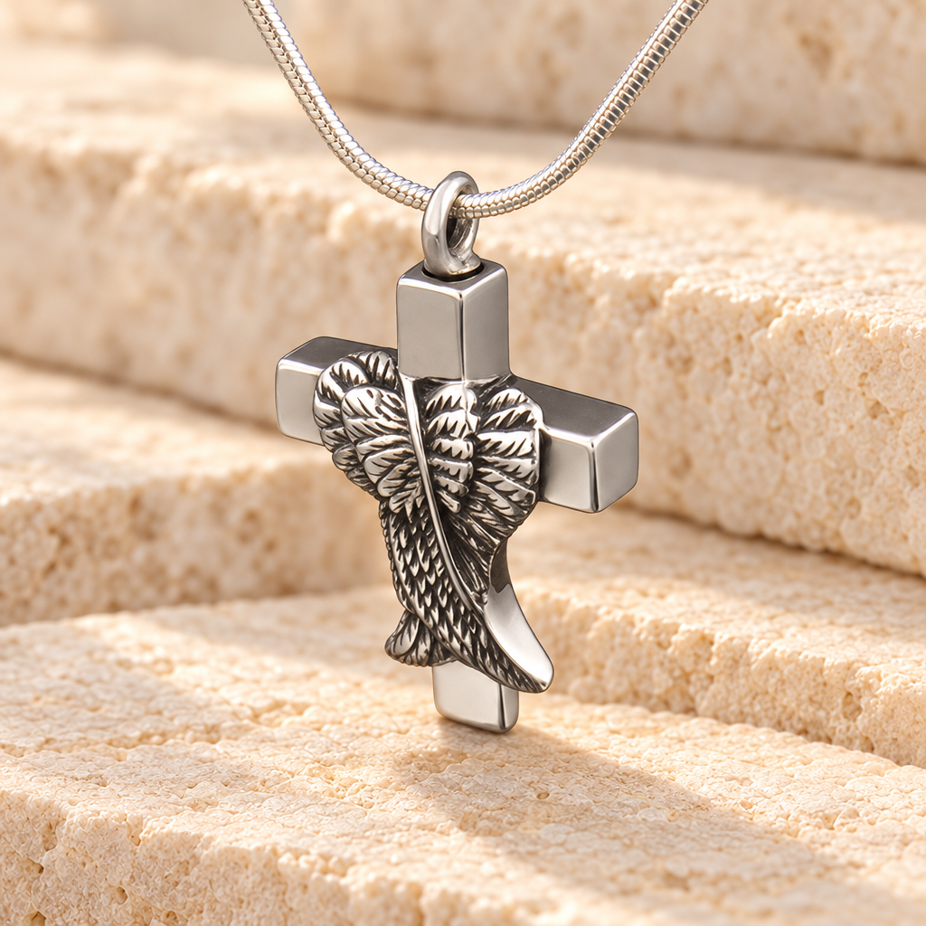 14k White Gold Angelic Cross Cremation Charm — main — evr6039wg