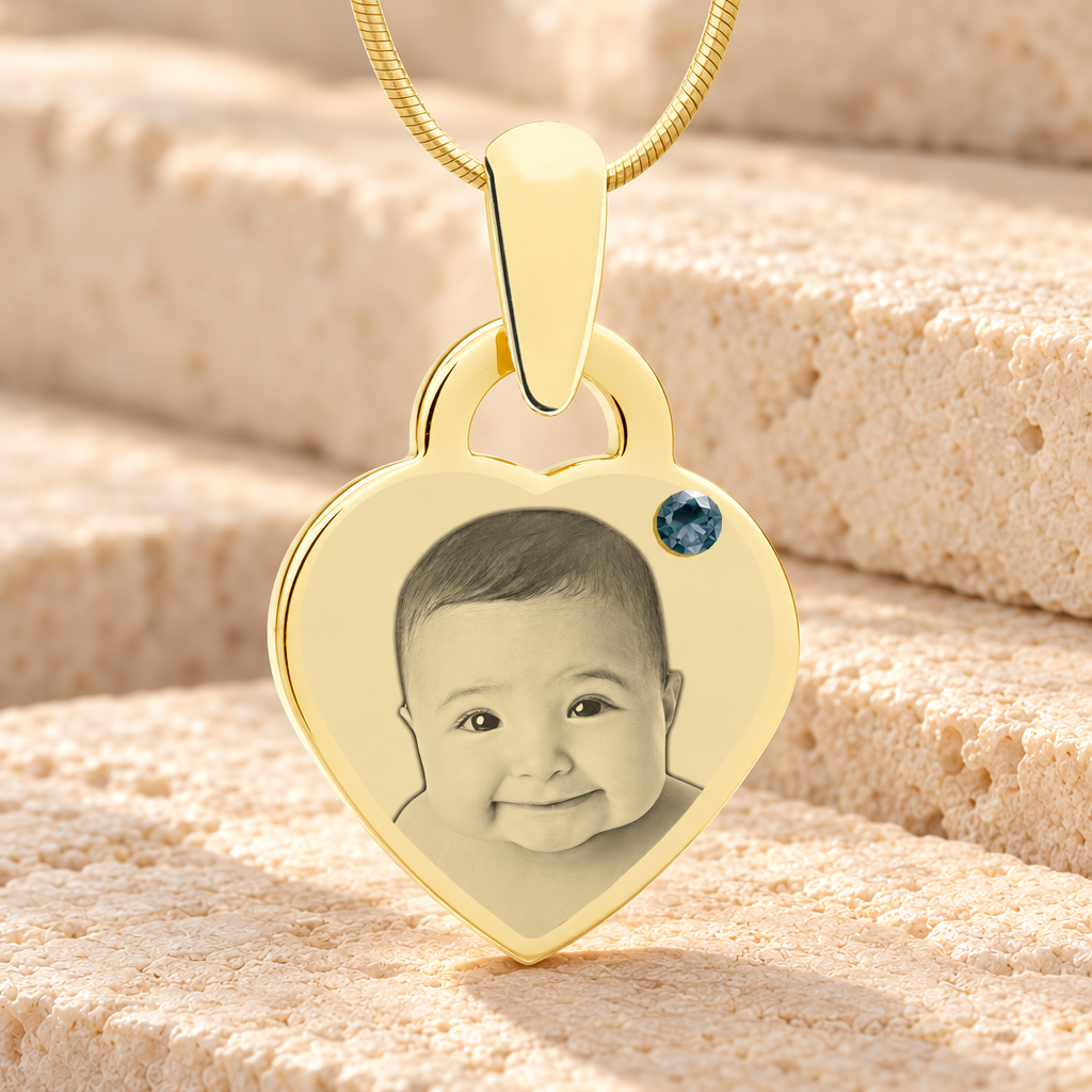 Birthstone Small Heart December Photo Engraved Gold Plated over Stainless Keepsake — main product image